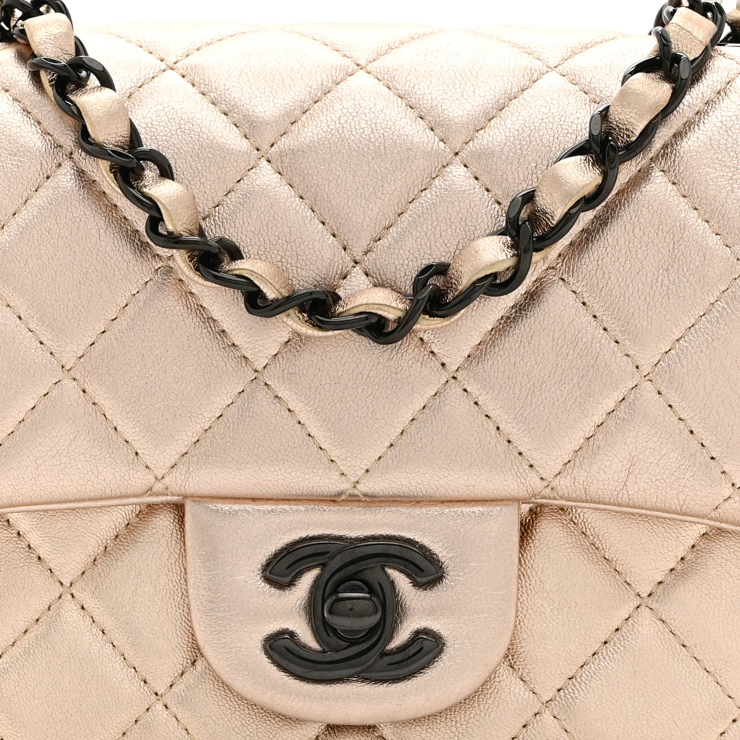 Metallic Lambskin Quilted Mini Square Flap Gold Black - Top Club