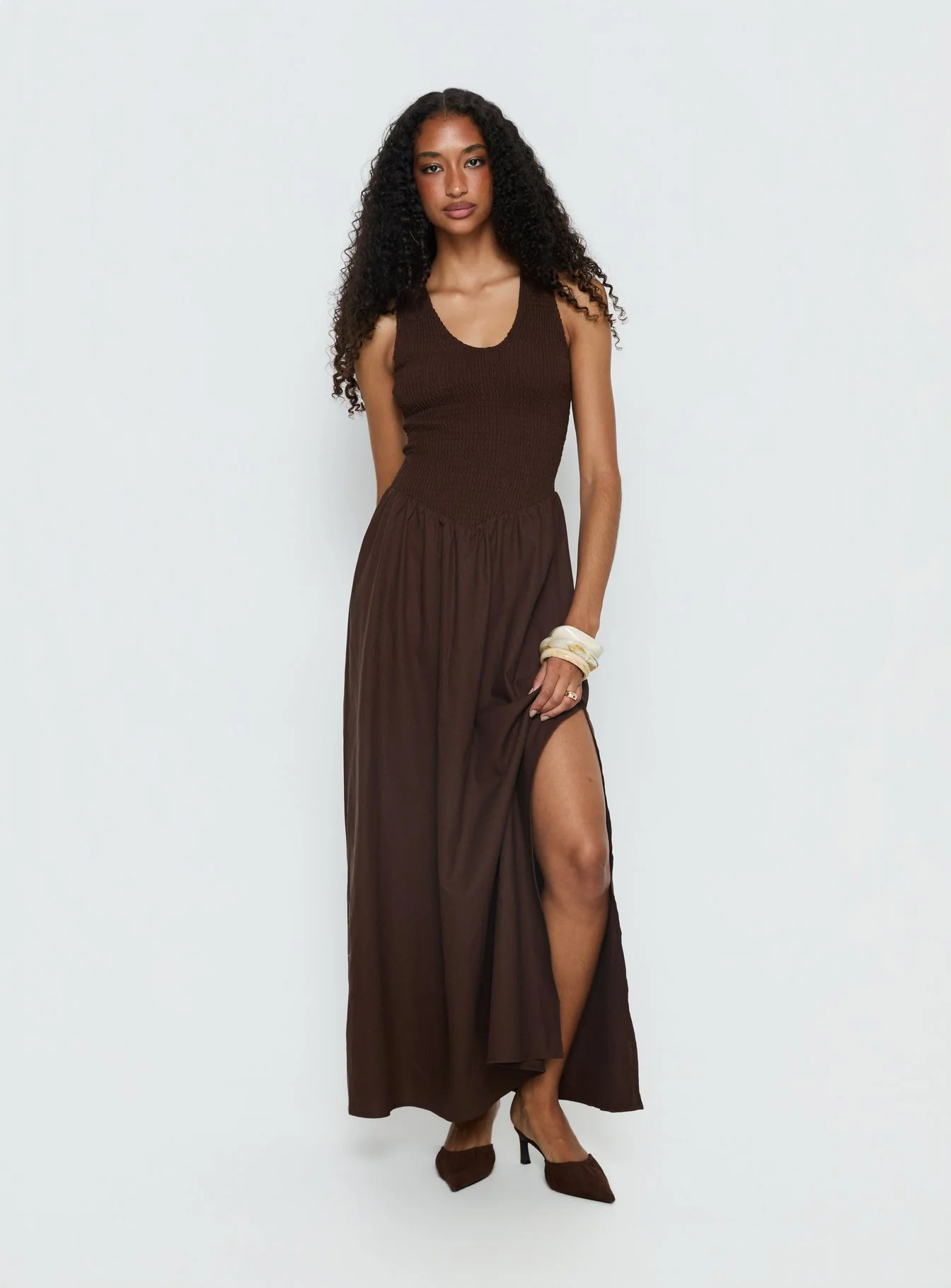 Highgate Drop Waist Pleat Detail Maxi Dress Chocolate