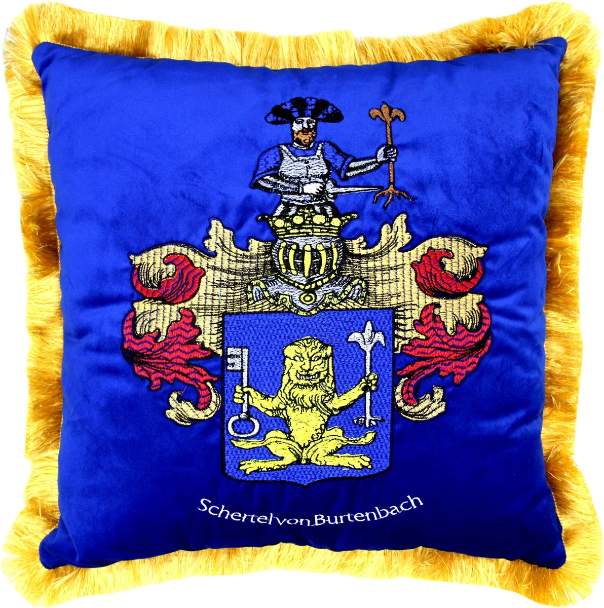 Luxury decorative cushion coat of arms Freiherr Schertel from Burtenbach royal blue / gold