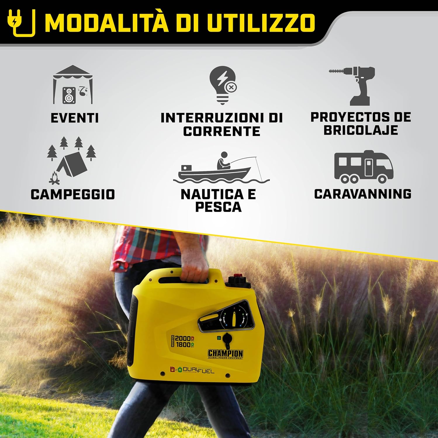 Generatore Champion Power Equipment a benzina + gas (2000 Watt, inverter, generatore con display a LED, doppio carburante, estremamente silenzioso) 8200i-E-DF-EU