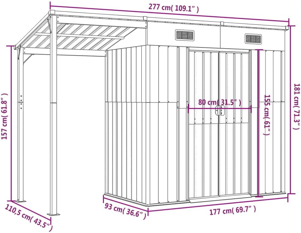 Gecheer Capanno da Giardino per Esterno Con Porte Scorrevoli e Tetto Allungato in Acciaio, Antracite, 277x110,5x181 cm, Casetta Attrezzi