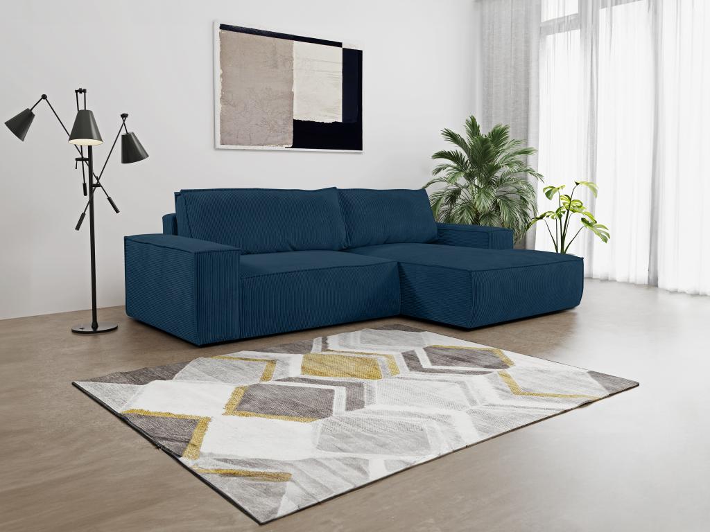 Sofá cama rinconera terciopelo canalé azul - ángulo derecho