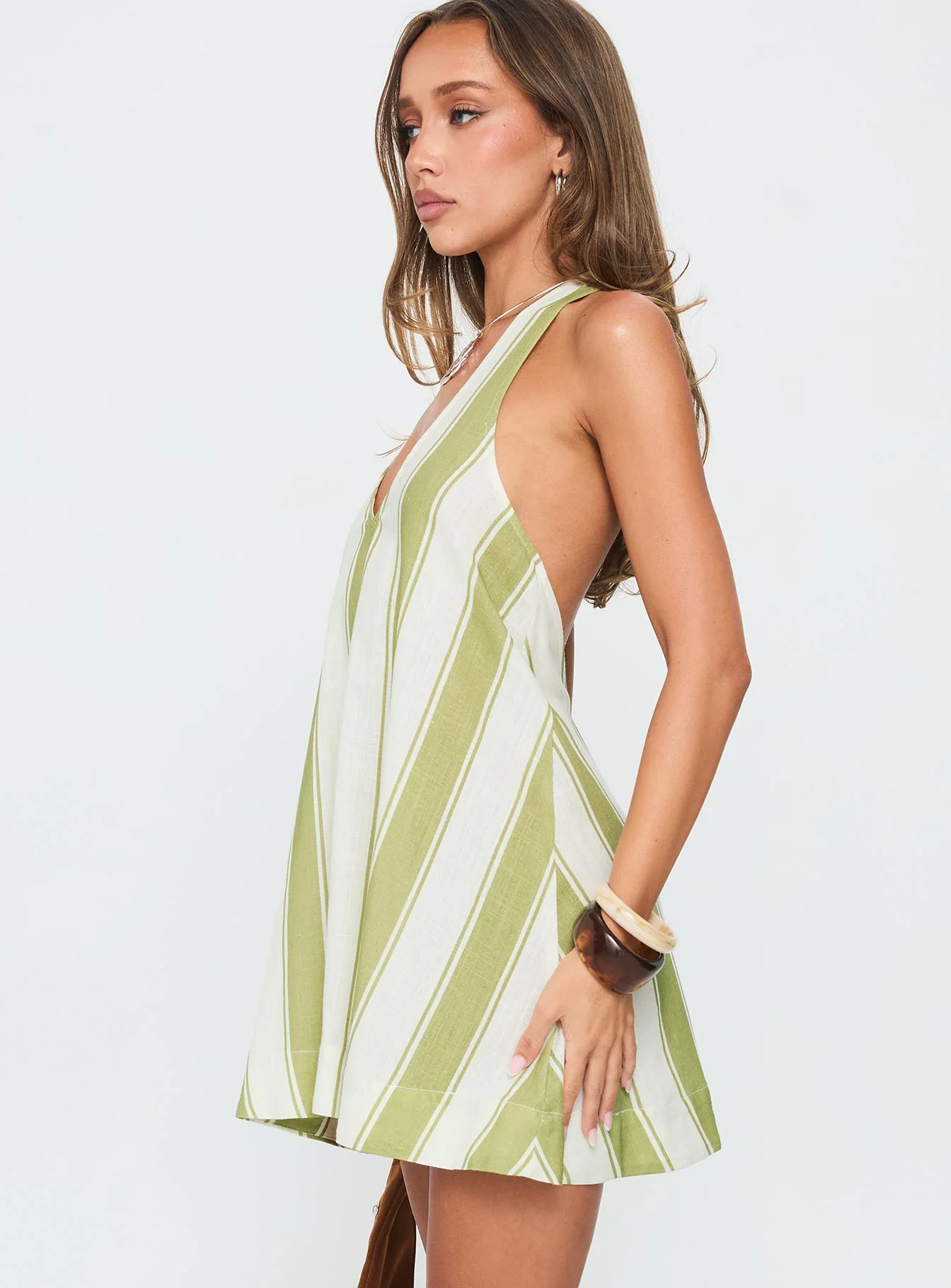 Khaia Halter Mini Dress Green / Cream Stripe