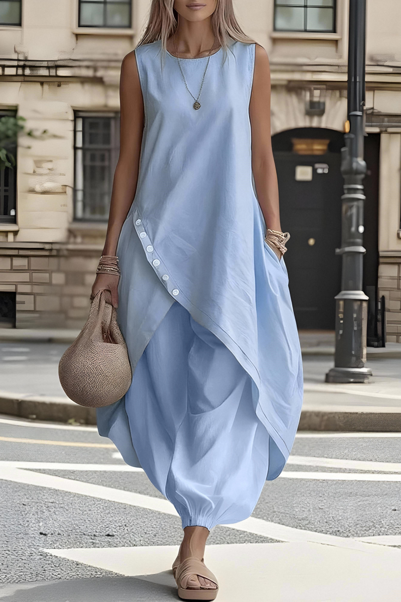 Plus Size Friendly Women's Everyday Round-Neck Linen Midi Dress with Asymmetrical Hem and Pockets - Nordfashionstorm - Women's Clothing, Fashion for You - Nordfashionstorm.com
