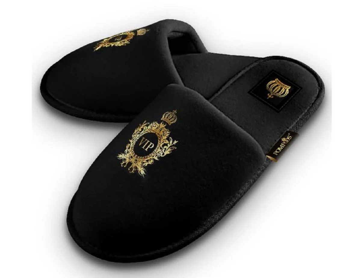 Pompöös by Luxus women's VIP hotel slippers with crown black / gold - designed by Harald Glööckler