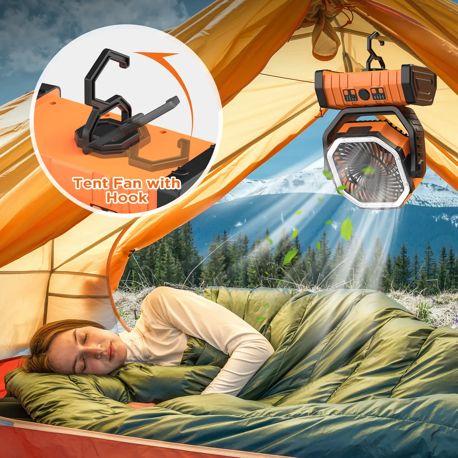 OGERY Rechargeable Camping Fan with LED Light, Portable Multi-functional Fan with 360° Rotation° Rotating Hook, Oscillating Emergency Camping Fan Cordless Rotatable Battery Powered Lightweight