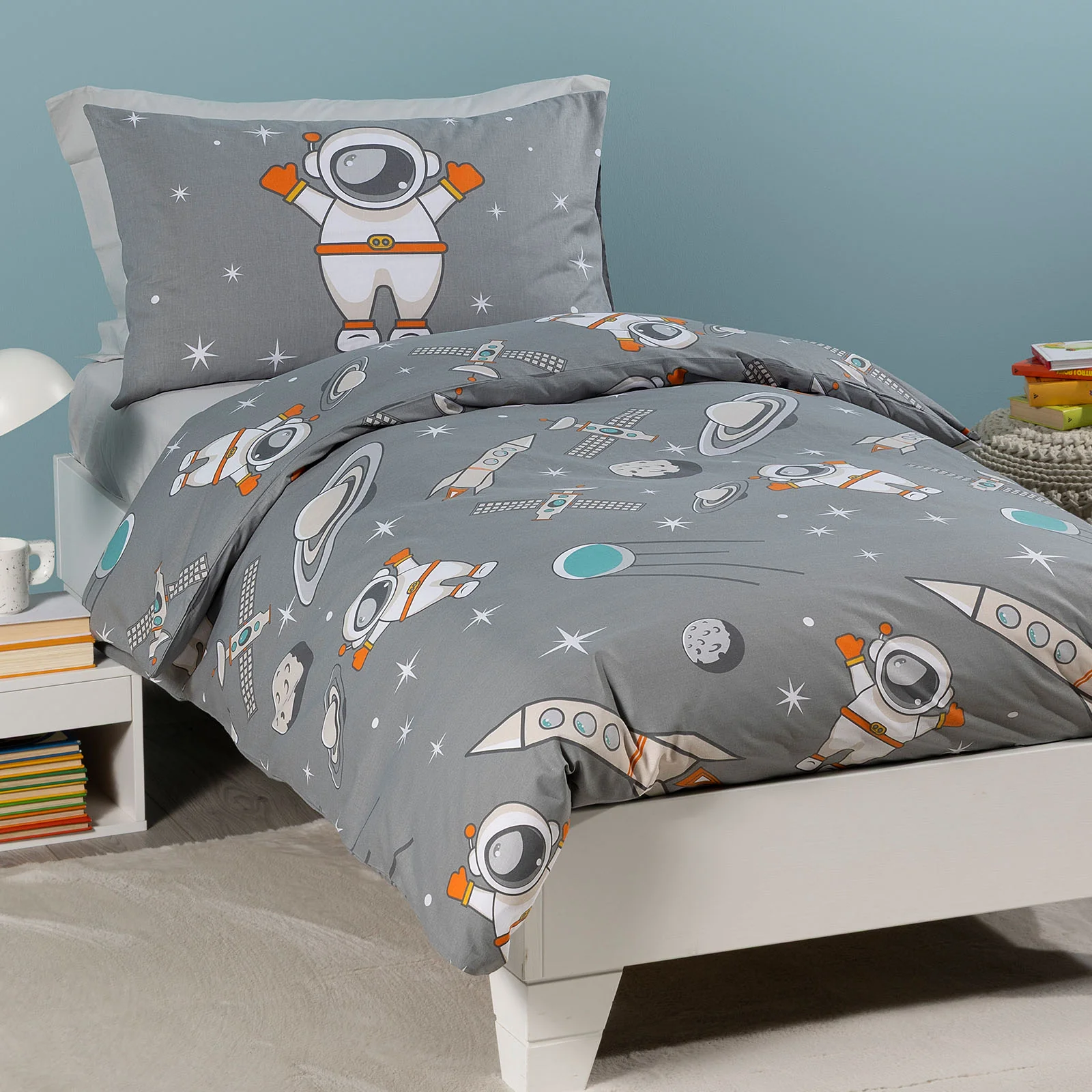 Copripiumino Con Federe In Cotone Spazio Singolo Grigio Caleffi Kids