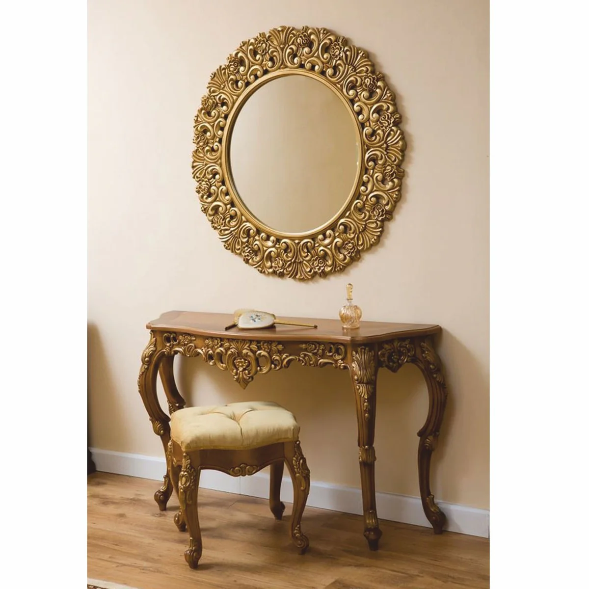 Luxury Baroque console with wall mirror and stool brown / gold - Baroque furniture