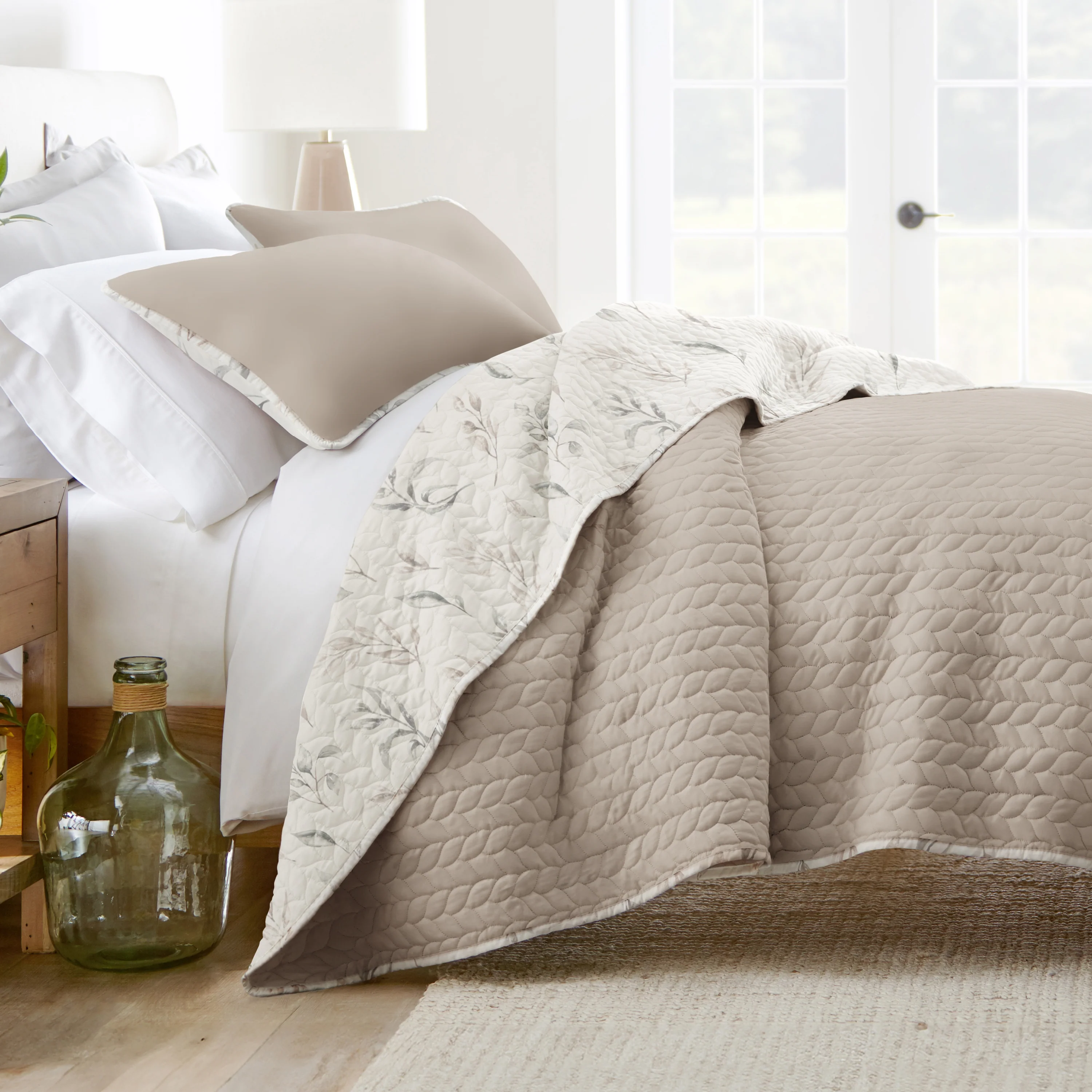Watercolor Leaves Reversible Quilted Coverlet Set - Sale