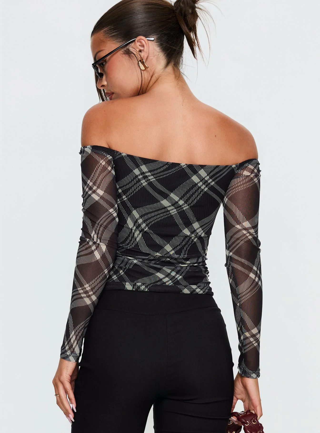 Siarah Off Shoulder Long Sleeve Top Multi Check