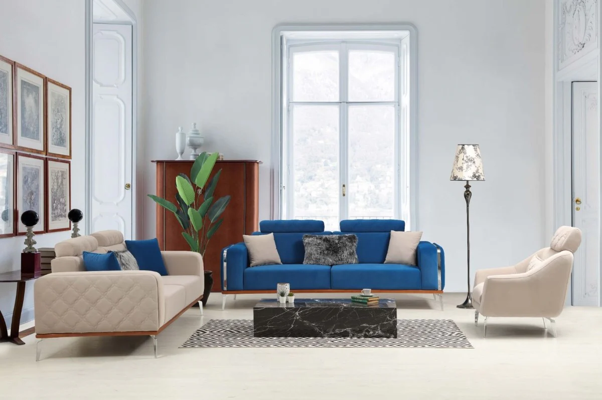 Luxury living room sofa with adjustable backrest beige / brown / silver 225 x 95 x H. 89 cm - luxury living room furniture