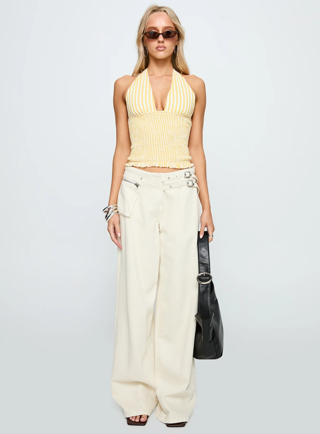 Averin Shirred Halter Top Lemon Stripe