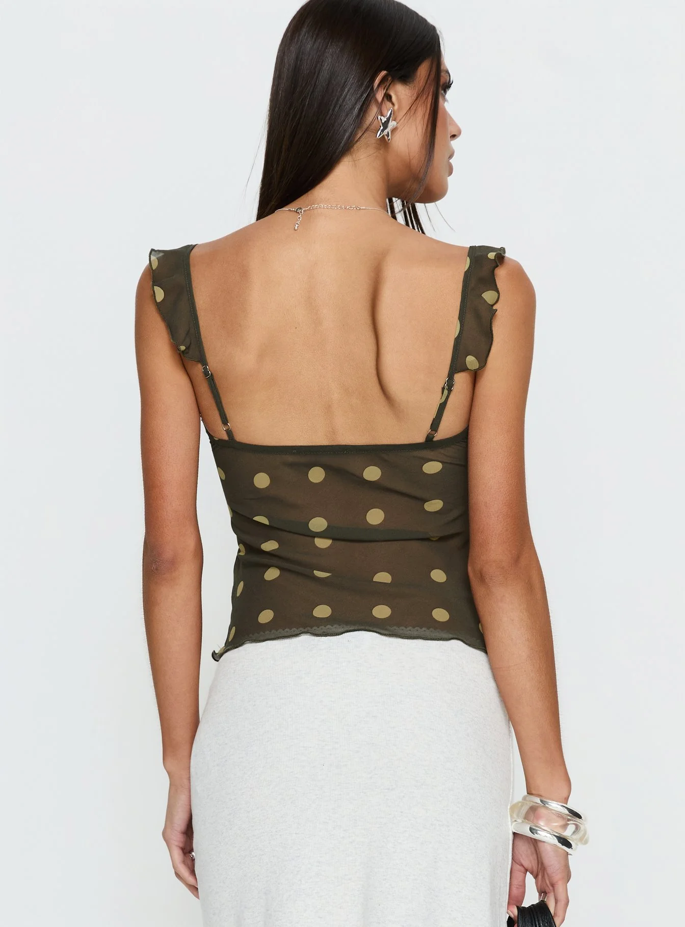 Zayliah Frill Detail Top Green Polka