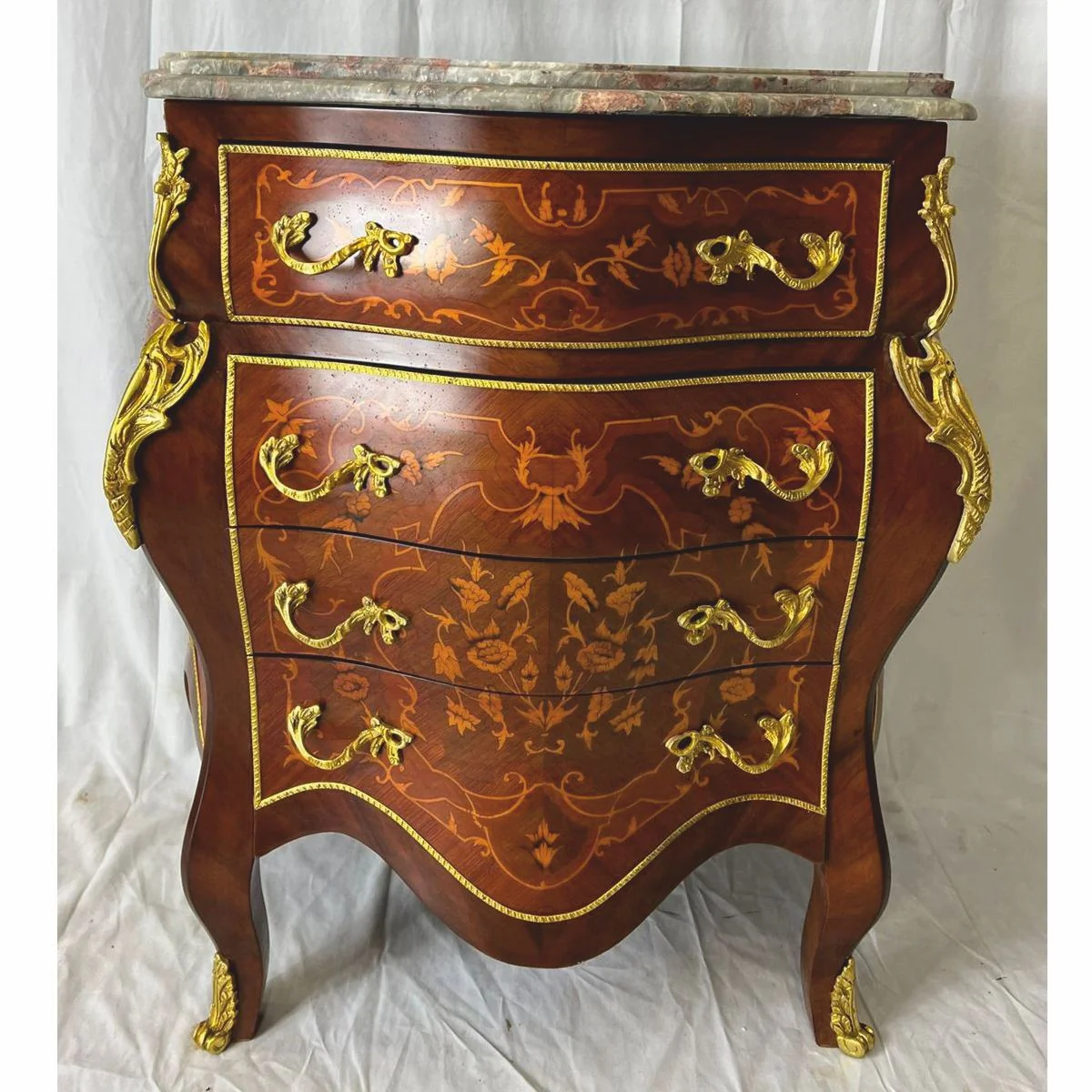 Baroque chest of drawers with 4 drawers and marble top brown inlaid / gold / gray