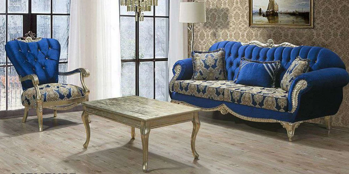 Luxury Baroque Living Room Set Blue / Gold - 2 Sofas with Pattern & 2 Armchairs with Pattern & 1 Coffee Table - Magnificent Baroque Living Room Furniture