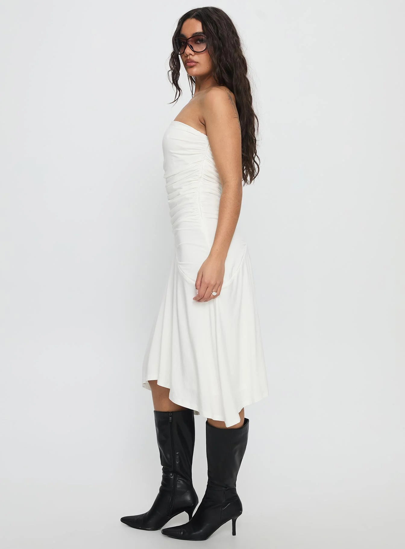 Rienna Strapless Asymmetrical Midi Dress White