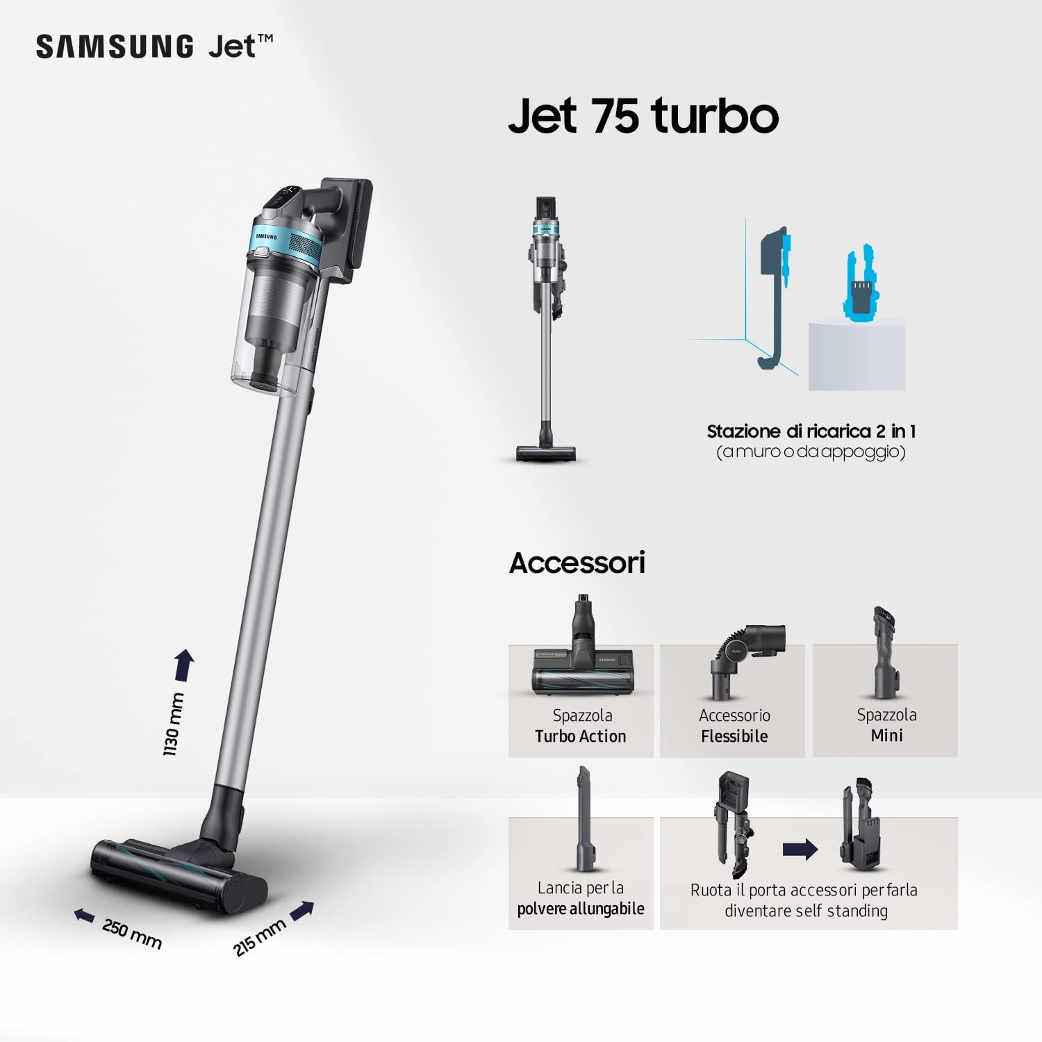 Aspirapolvere Senza Fili Jet�?75 Turbo VS20T7531T1/ET, Senza Sacco, Potenza 200W, Fino a 60 min di autonomia, Argento