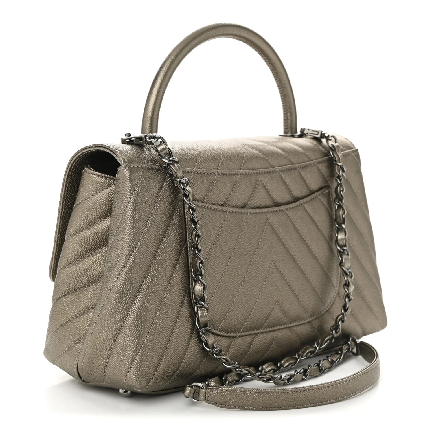 Metallic Caviar Chevron Quilted Small Coco Handle Flap Light Gold - Top Club