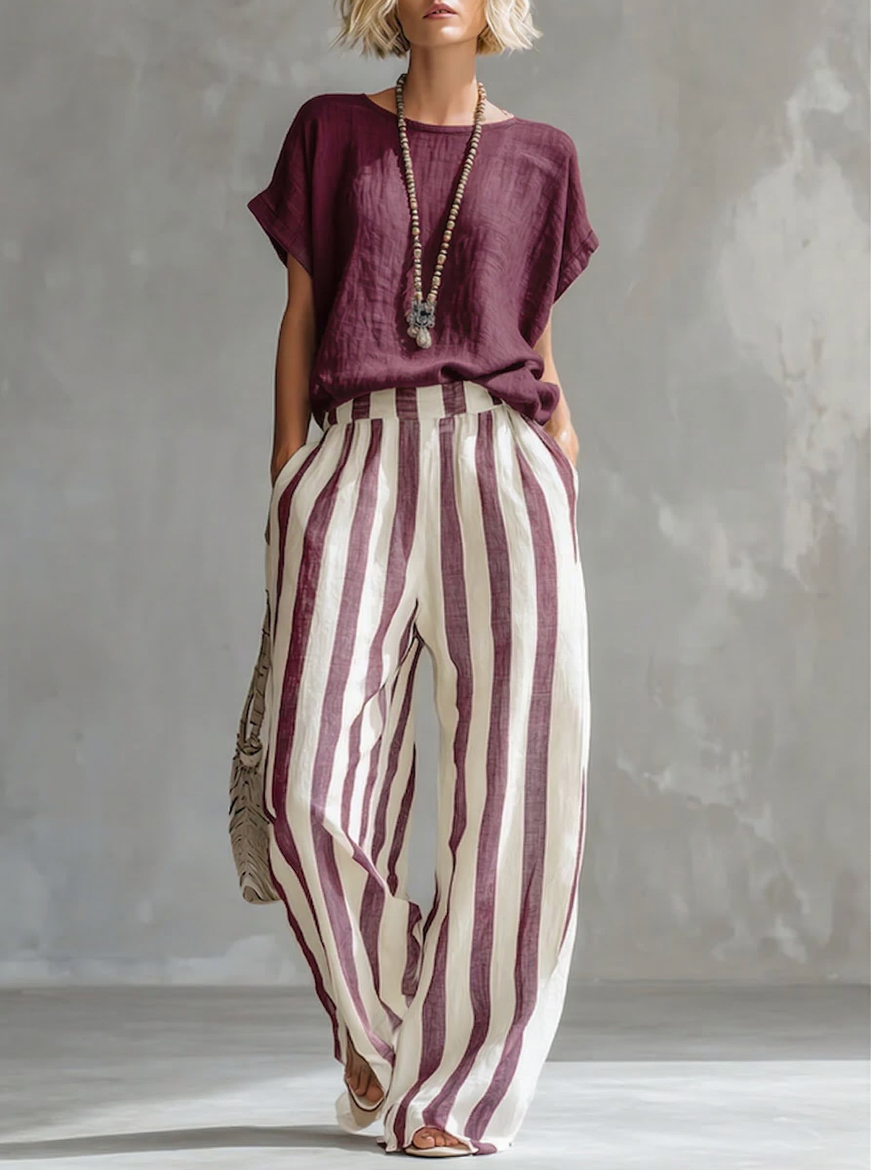 Cozy Loose-fit Striped Cotton-linen Two-piece Set - Nordfashionstorm - Women's Clothing, Fashion for You - Nordfashionstorm.com