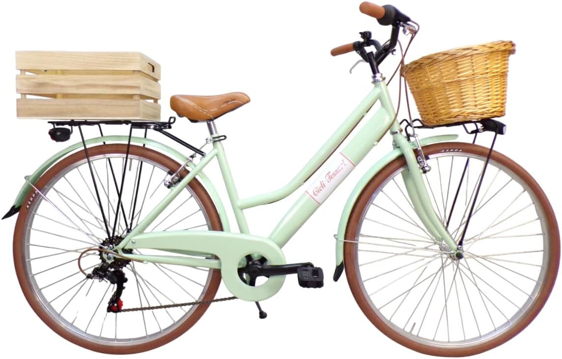 bicicletta da donna bici da città city bike da passeggio 28'' con cambio vintage retro' con cesto in vimini e cassetta