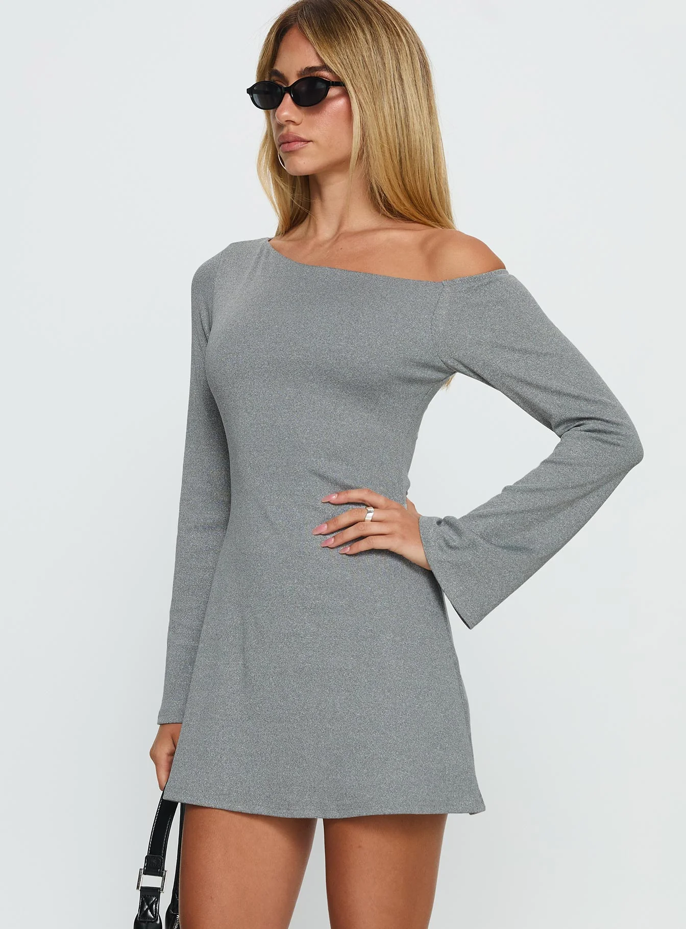 Adrietta Off Shoulder Long Sleeve Mini Dress Grey Marle
