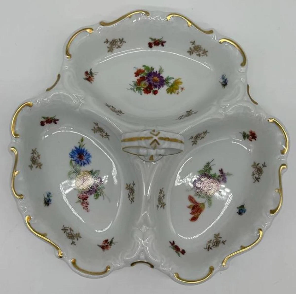 Luxury Baroque Porcelain Serving Bowl with Carrying Handle White / Multicolored / Gold Ø 25 cm - Nut & Pastry Bowl - Luxury Baroque Accessories - Reichenbach Porcelain - Made in Germany