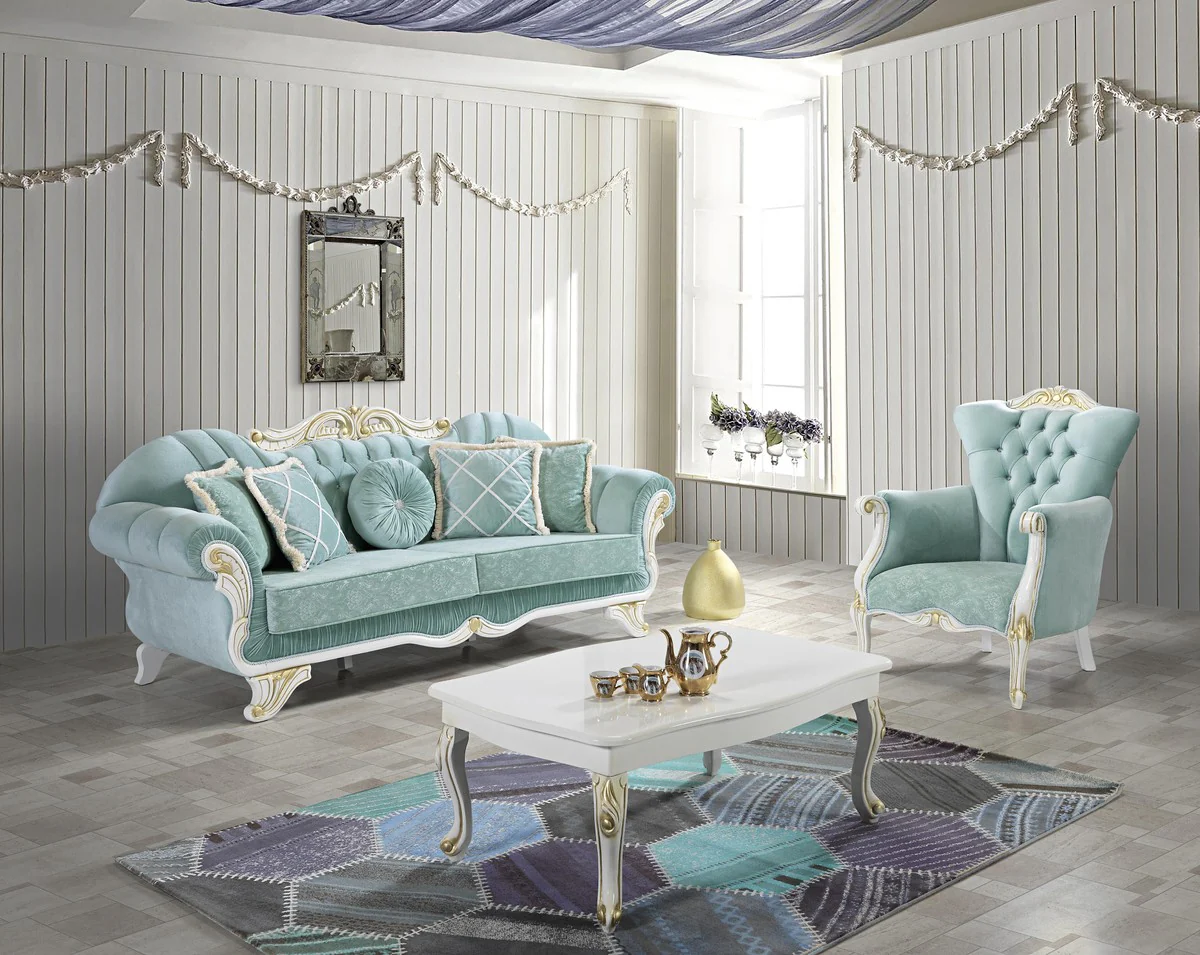 Baroque living room set light green / white / gold - 2 sofas & 2 armchairs & 1 coffee table - noble living room furniture in baroque style