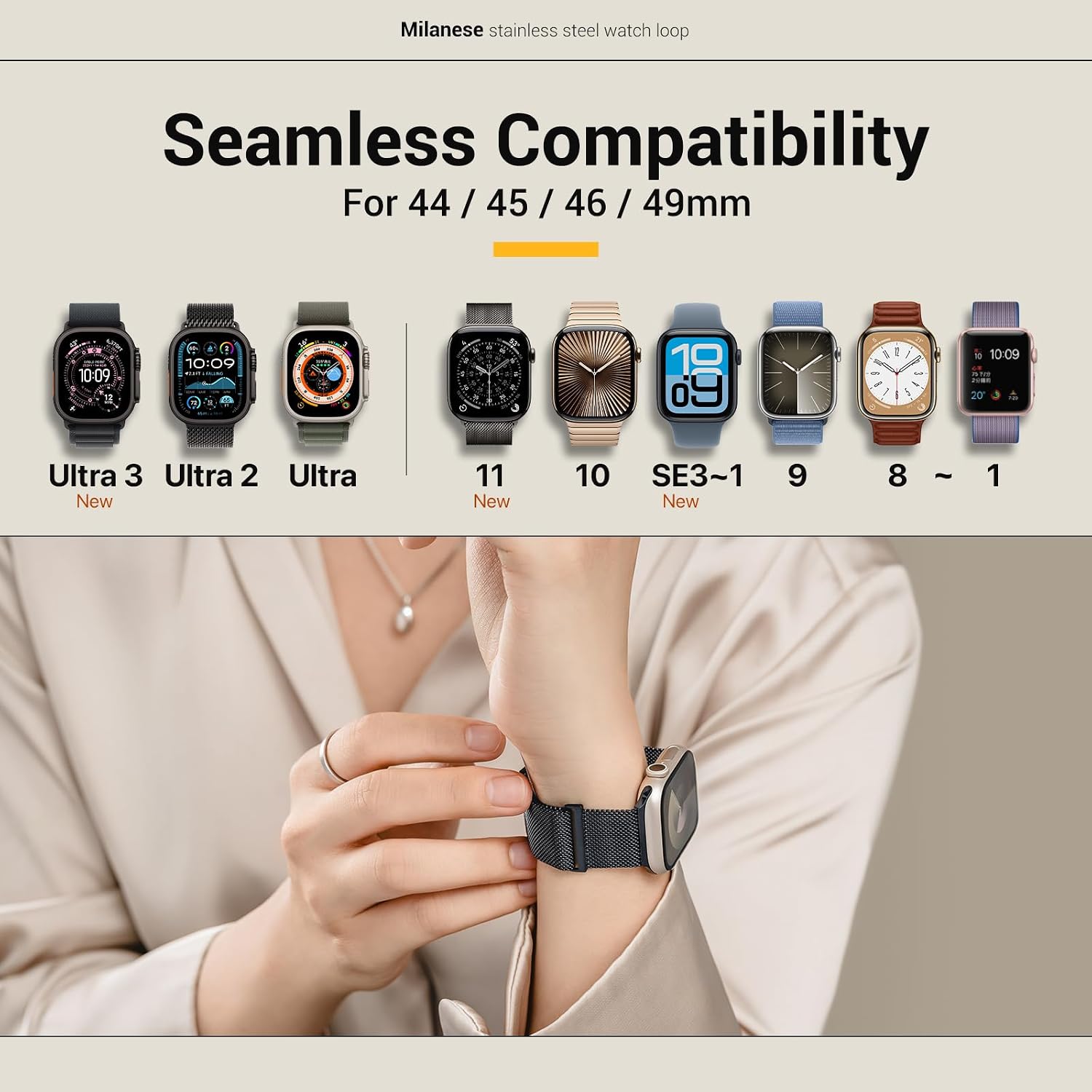 MAGEASY Milanese Band for Apple Watch Series 11, Ultra 3, SE3 - Magnetic iWatch Bands for Women, Strong Magnets| for 44mm 45mm 46mm 49mm Apple Watch 1-7/8/9/10/11/SE2/SE3/Ultra2/Ultra3