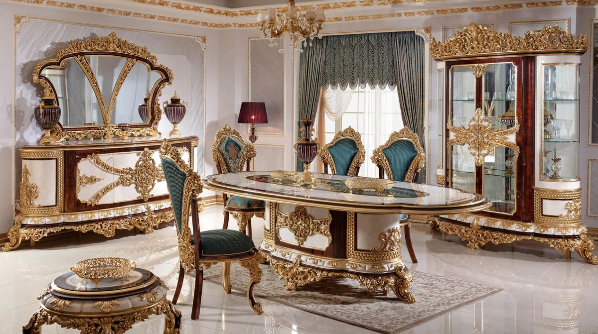 Luxury Baroque Dining Room Chair Set Blue / Brown / Gold - Handmade Kitchen Chairs Set of 6 with Elegant Pattern - Baroque Dining Room Furniture - Noble & Magnificent