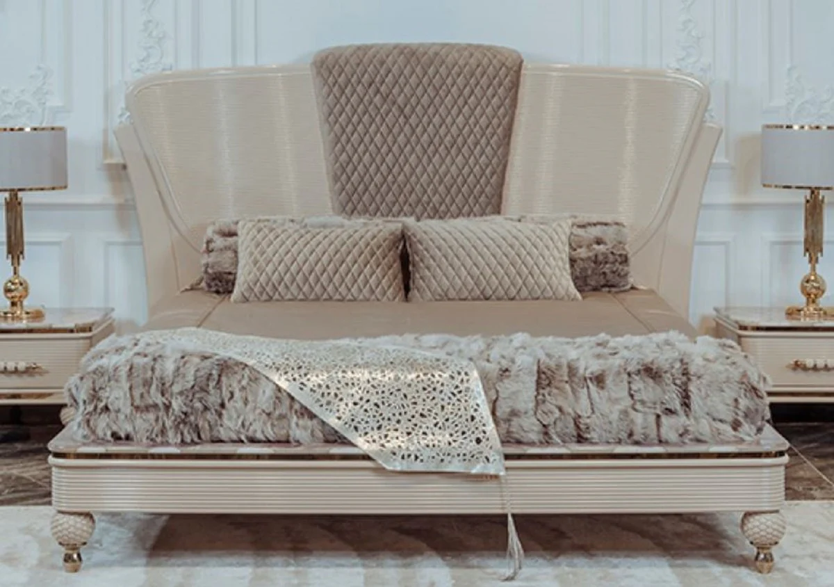 Luxury Art Deco double bed beige / gray / gold - noble solid wood bed with headboard - Art Deco bedroom & hotel furniture - luxury collection