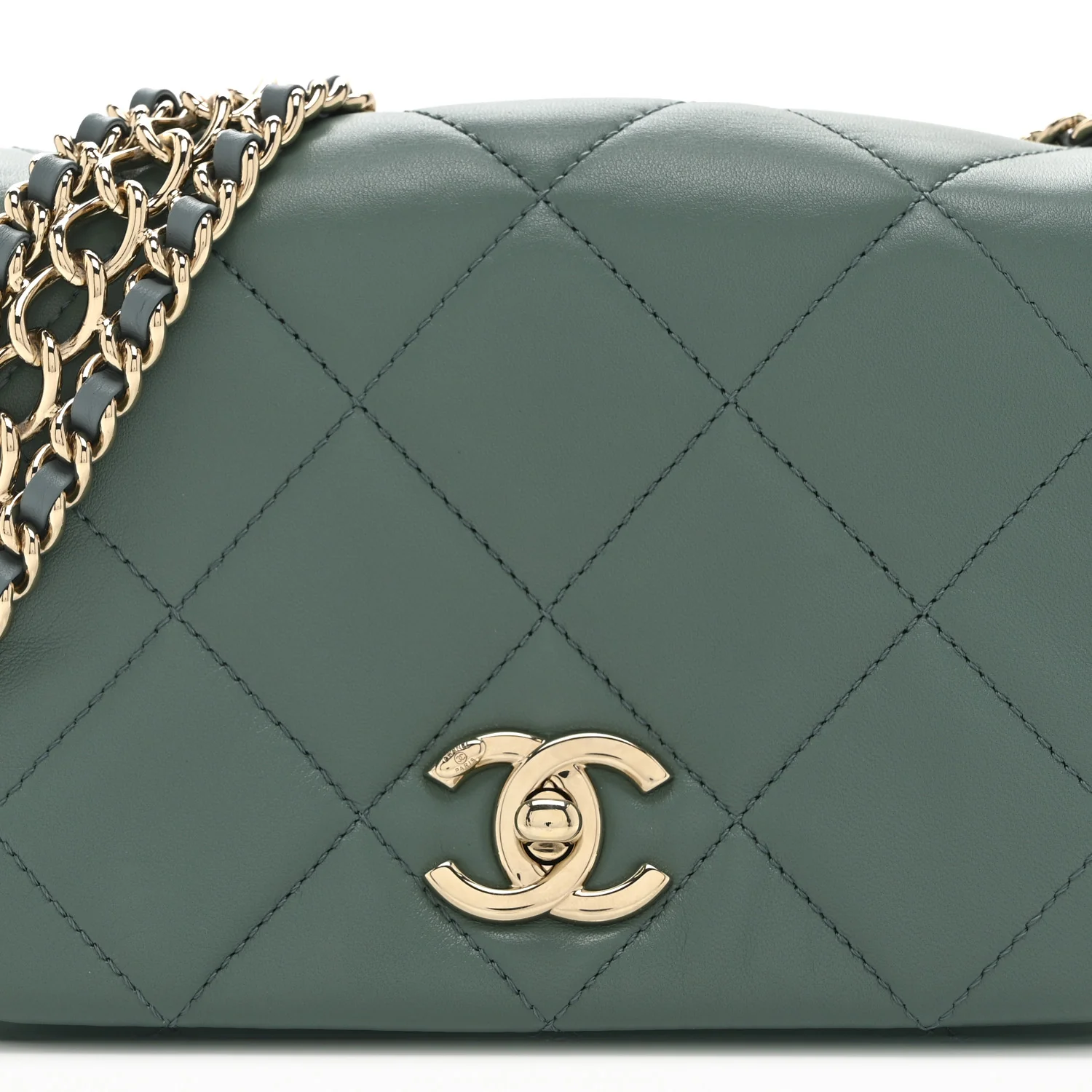 Lambskin Quilted Mini Chain Rows Flap  Green - Top Club