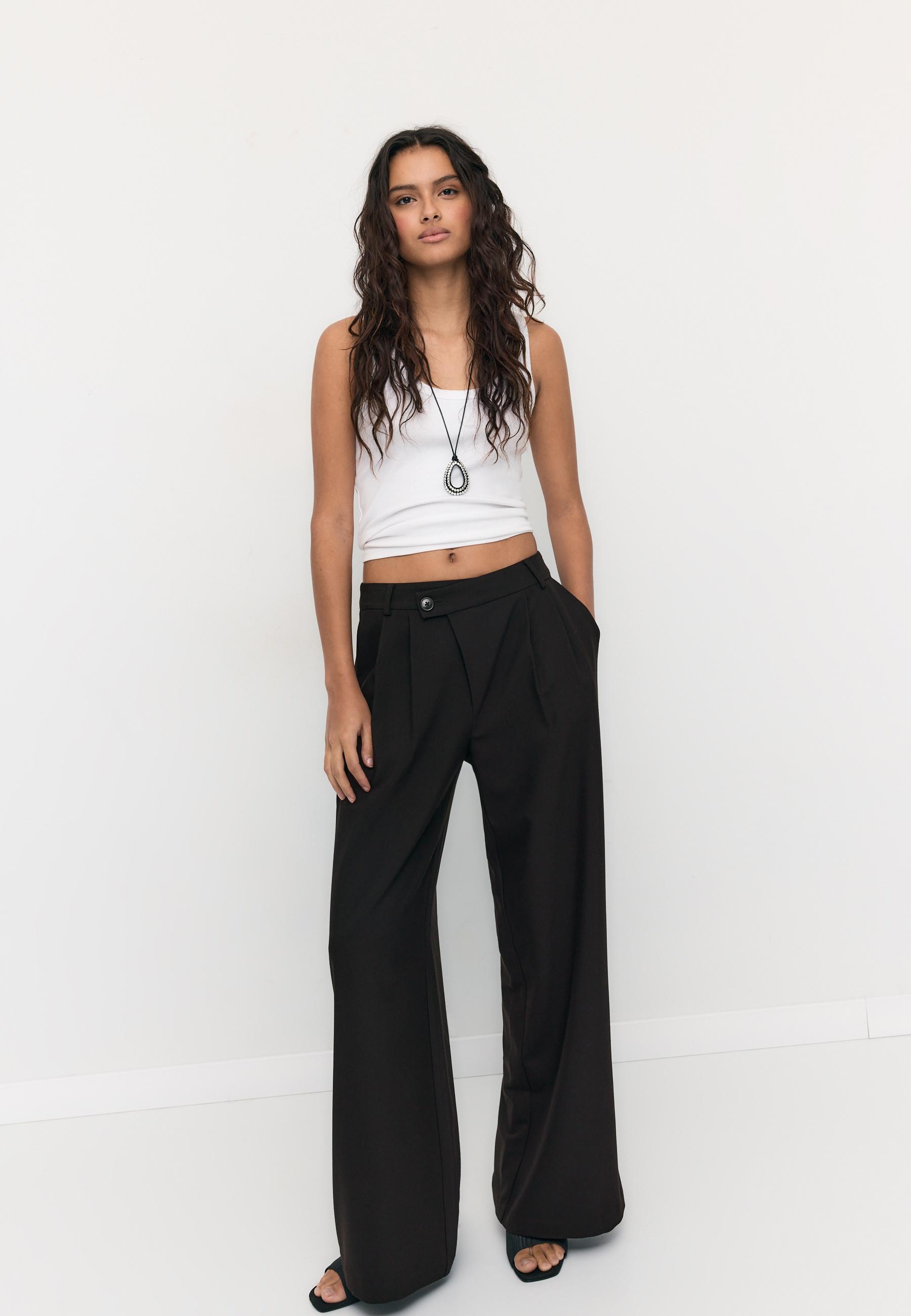 CASUAL STRIPED SMART TROUSERS WITH CROSSOVER WAIST