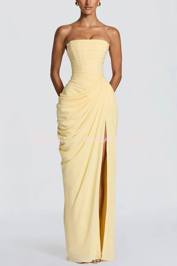 Cyra Back Lace-up Asymmetrical Pleats Strapless Slit Maxi Dress(Buy 2 Get Free Shipping)