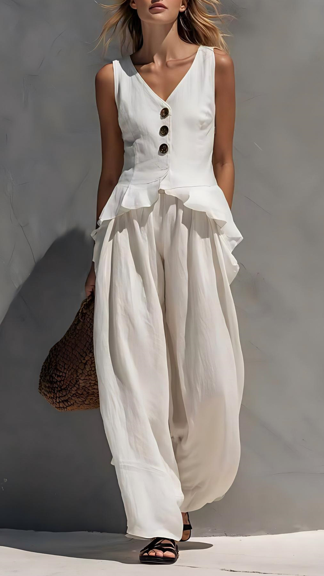 Women's Cotton-Blend White Ruffled Sleeveless Loose Set - Nordfashionstorm - Women's Clothing, Fashion for You - Nordfashionstorm.com