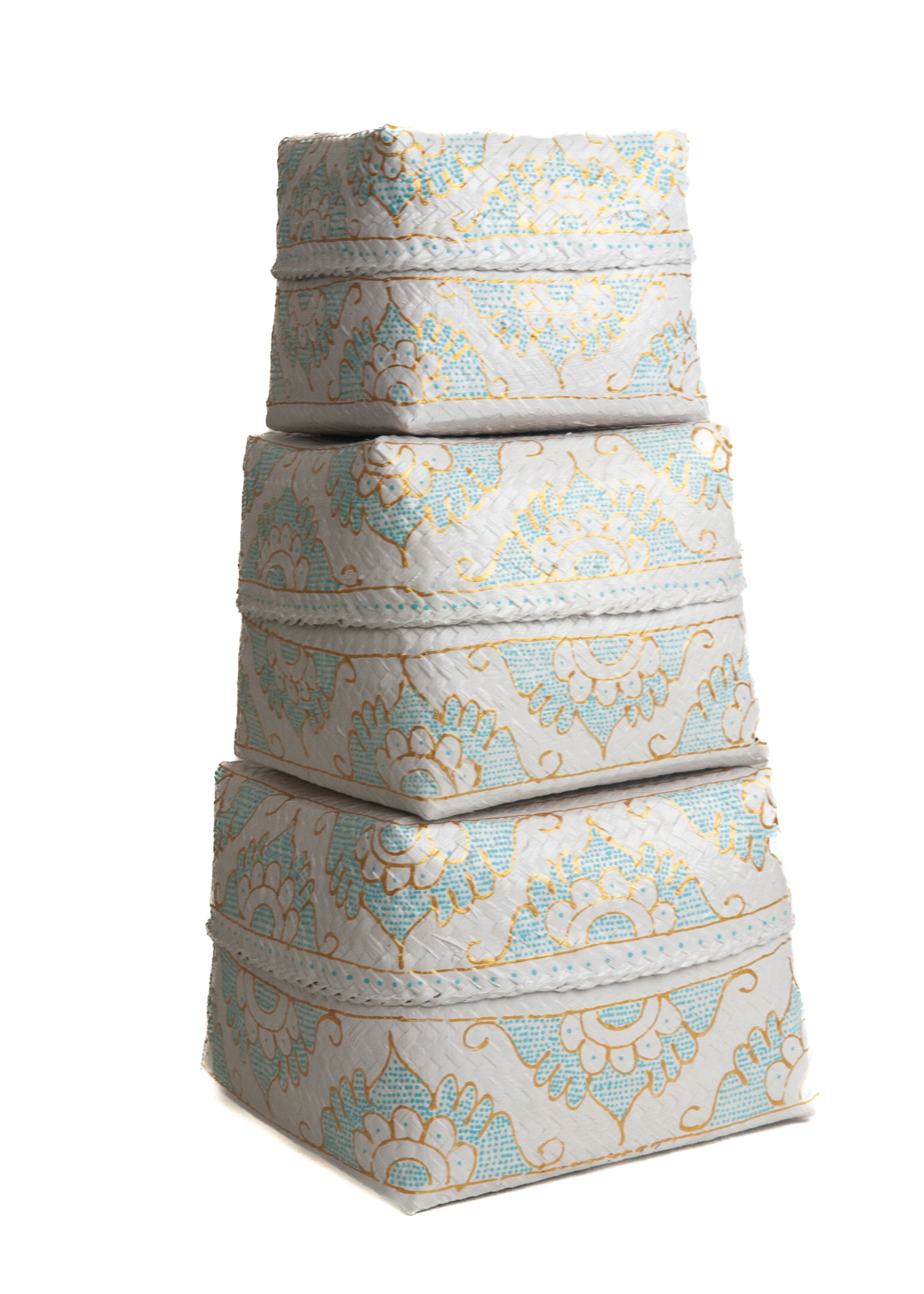 Set bamboe offerdozen / offermanden wit/turquoise/goud