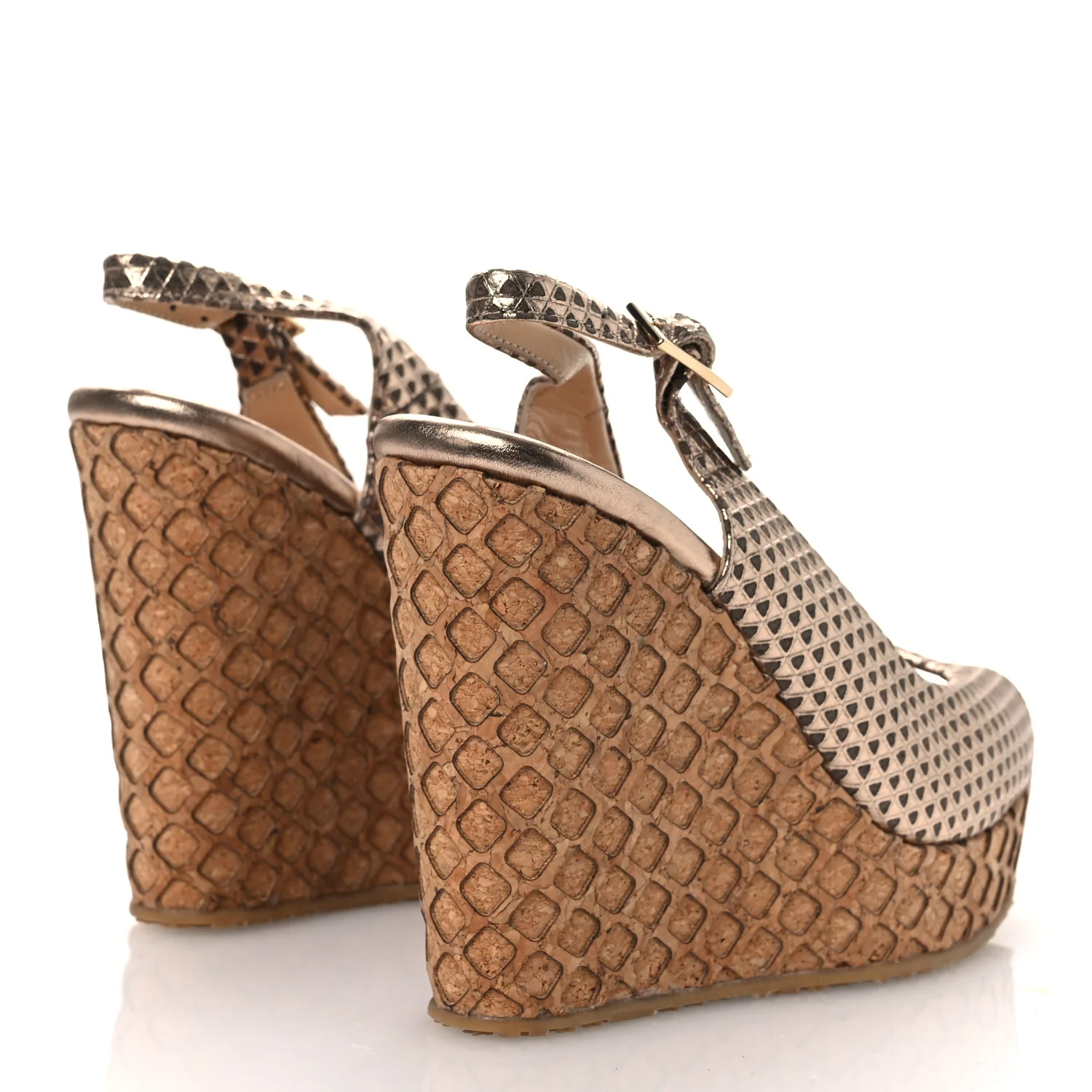 Metallic Embossed Calfskin Pacific 120mm Peep-Toe Cork Wedge Sandal 36 Gold - Top Club