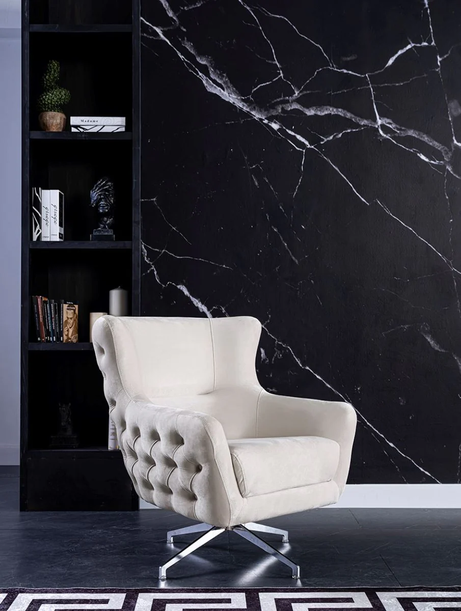 Luxury Art Deco Chesterfield swivel armchair cream / silver 90 x 90 x H. 100 cm - living room armchair - living room furniture