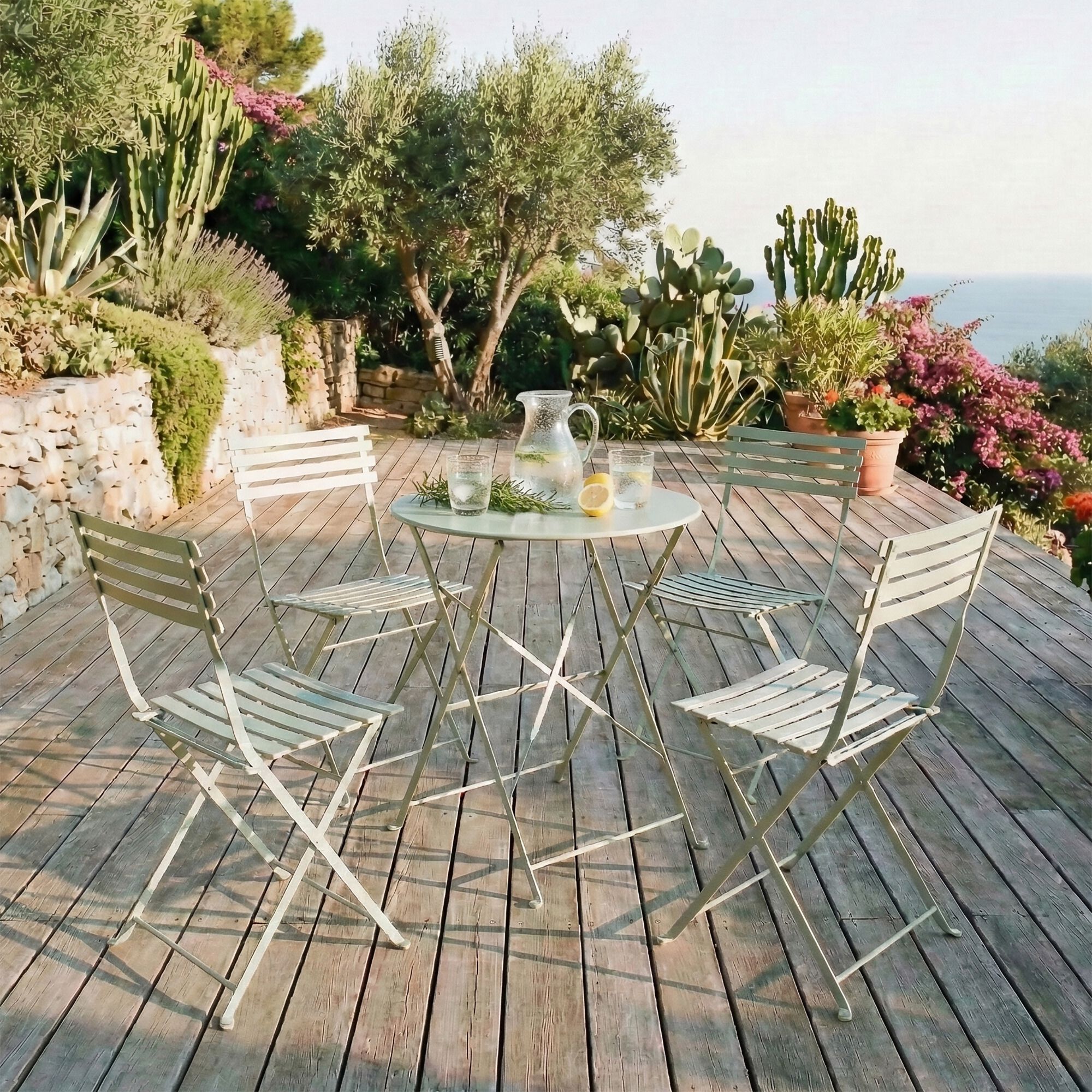 CERVIONE - Ensemble table ronde et chaises de jardin en acier - vert olivier (4 places)