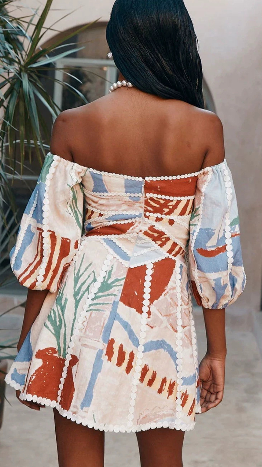 Women's Abstract Print Off-Shoulder Puff Sleeve Mini Dress - Nordfashionstorm - Women's Clothing, Fashion for You - Nordfashionstorm.com