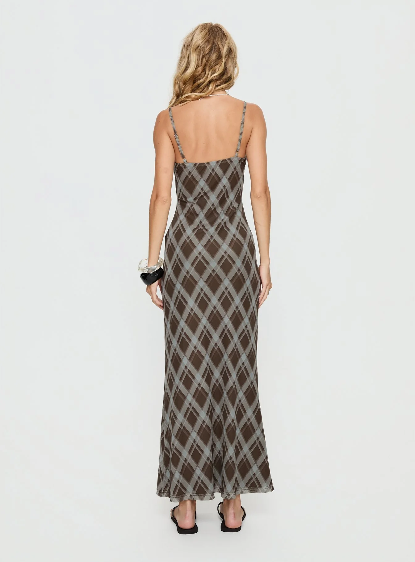 Idaline V Neck Maxi Dress Brown Check