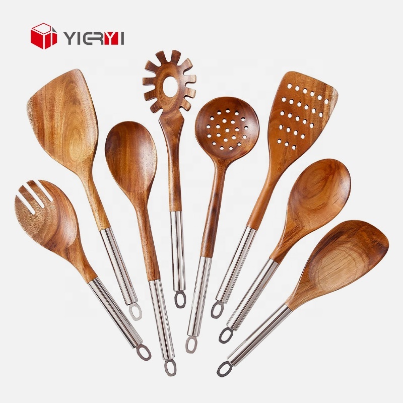 Wood cooking utensil set with stainless steel holder