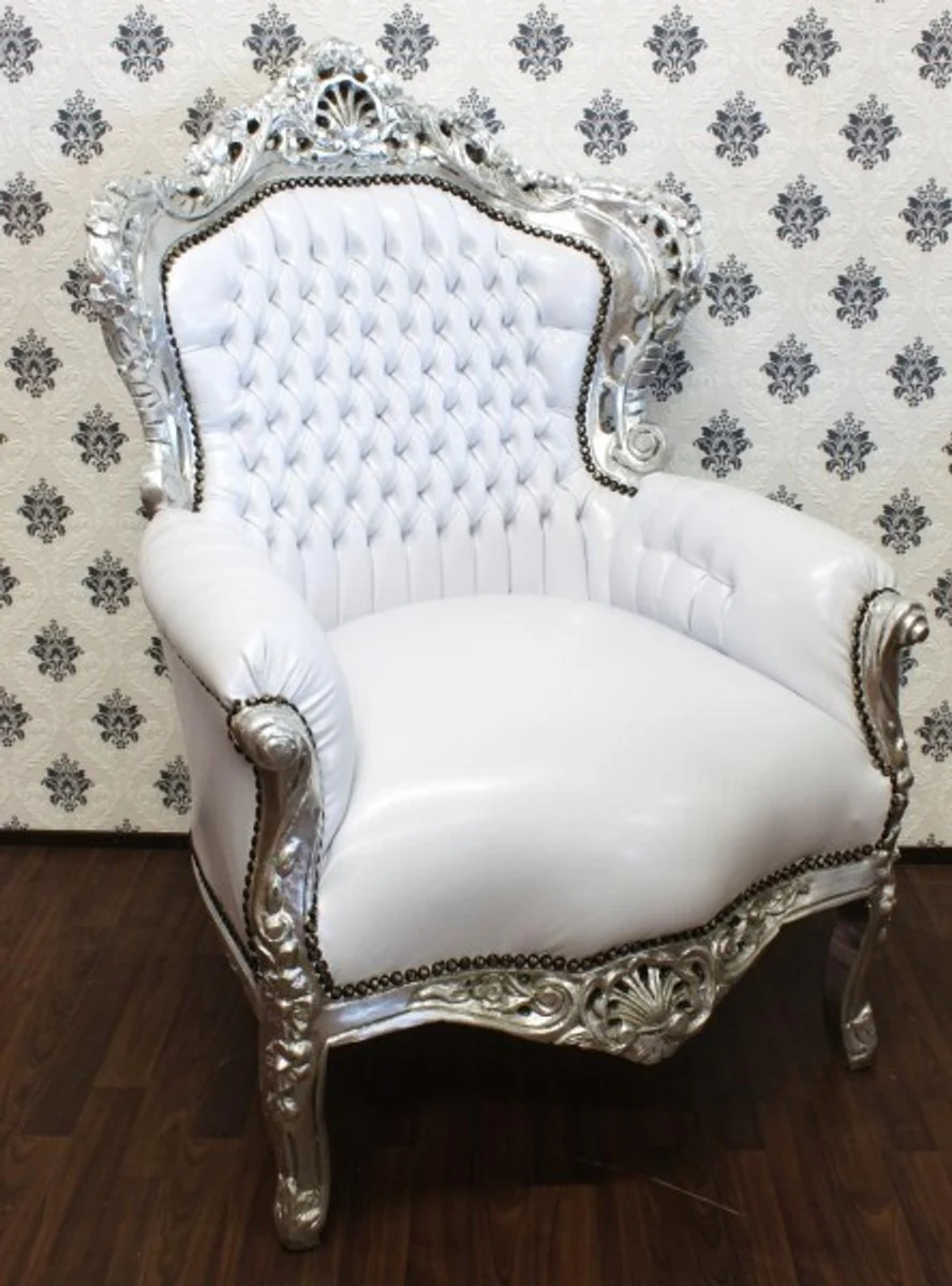 Baroque armchair King white/silver leather look - furniture antique style