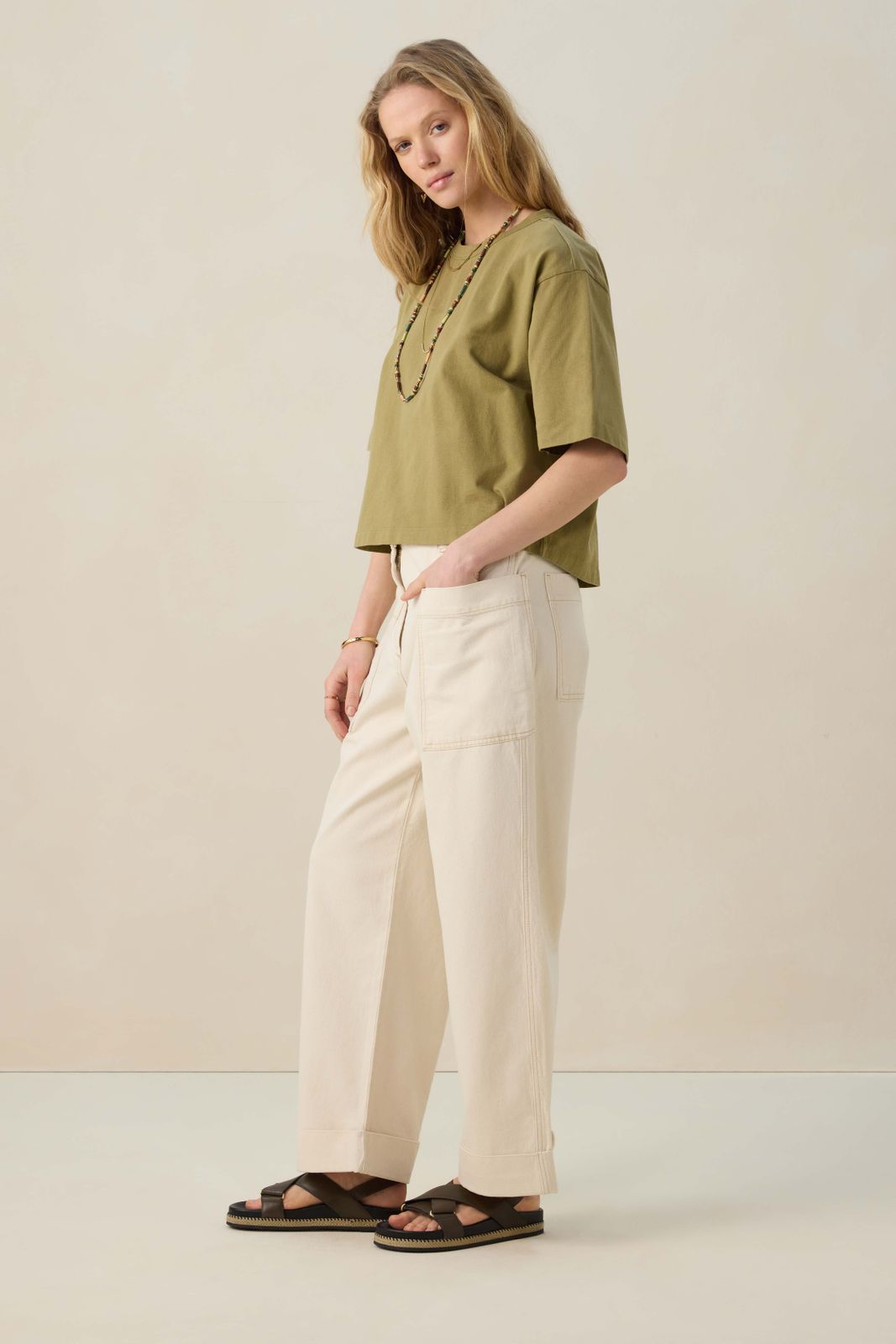 Beige mid waist workwear broek