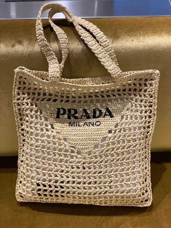Prada Women's Natural Crochet Tote Bag-Khaki - Top Club