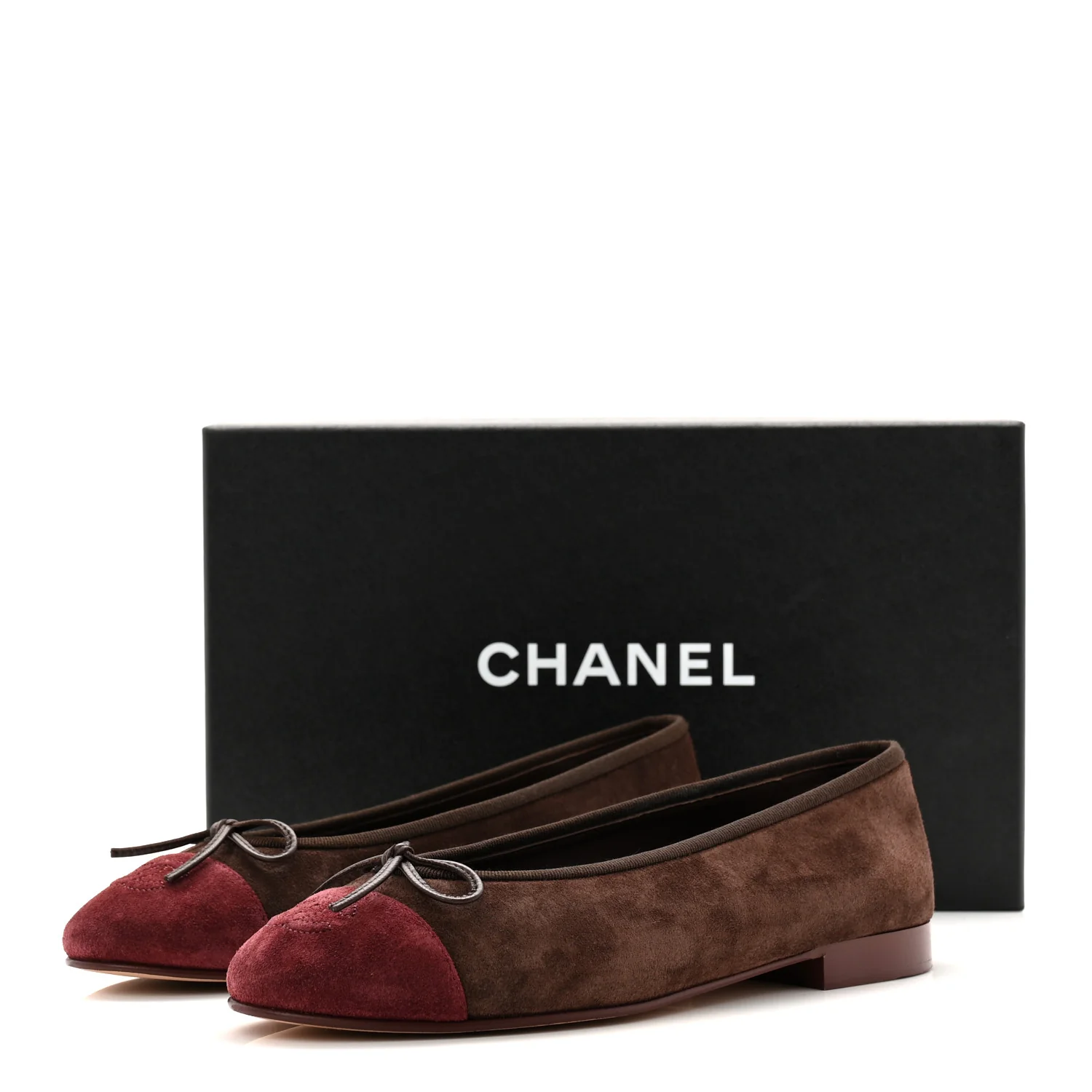 Suede Calfskin Cap Toe CC Ballerina Flats 37.5 Dark Brown Burgundy - Top Club