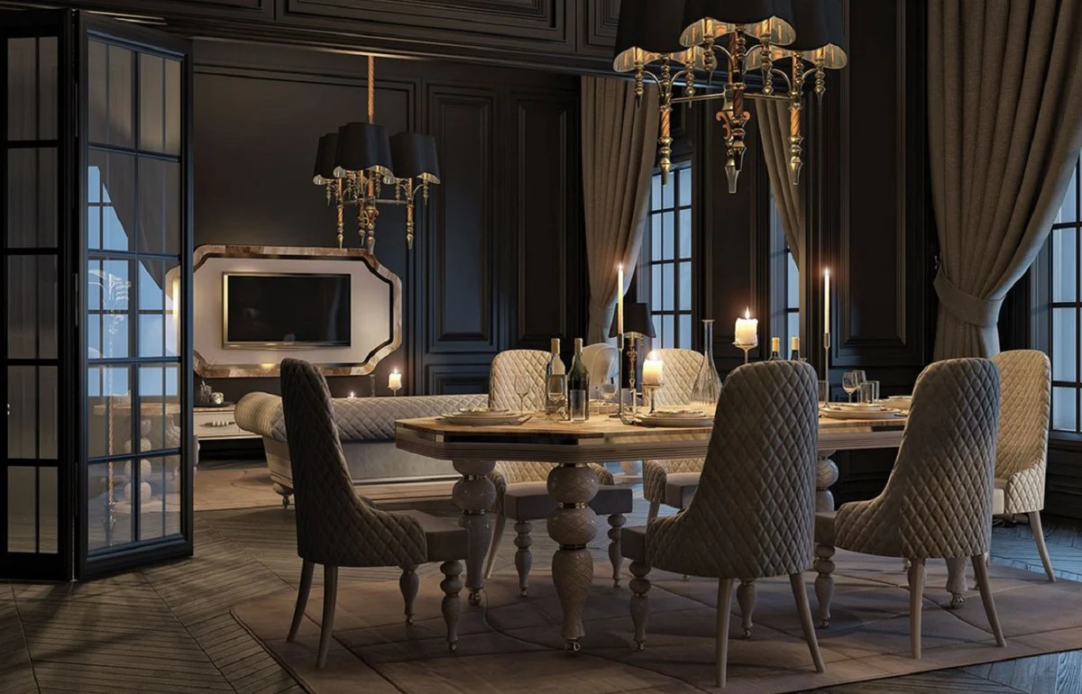 Luxury Art Deco Dining Room Set Gray / White / Gold - 1 Art Deco Dining Table with Faux Marble Table Top & 6 Art Deco Dining Room Chairs - Art Deco Dining Room Furniture - Luxury Quality