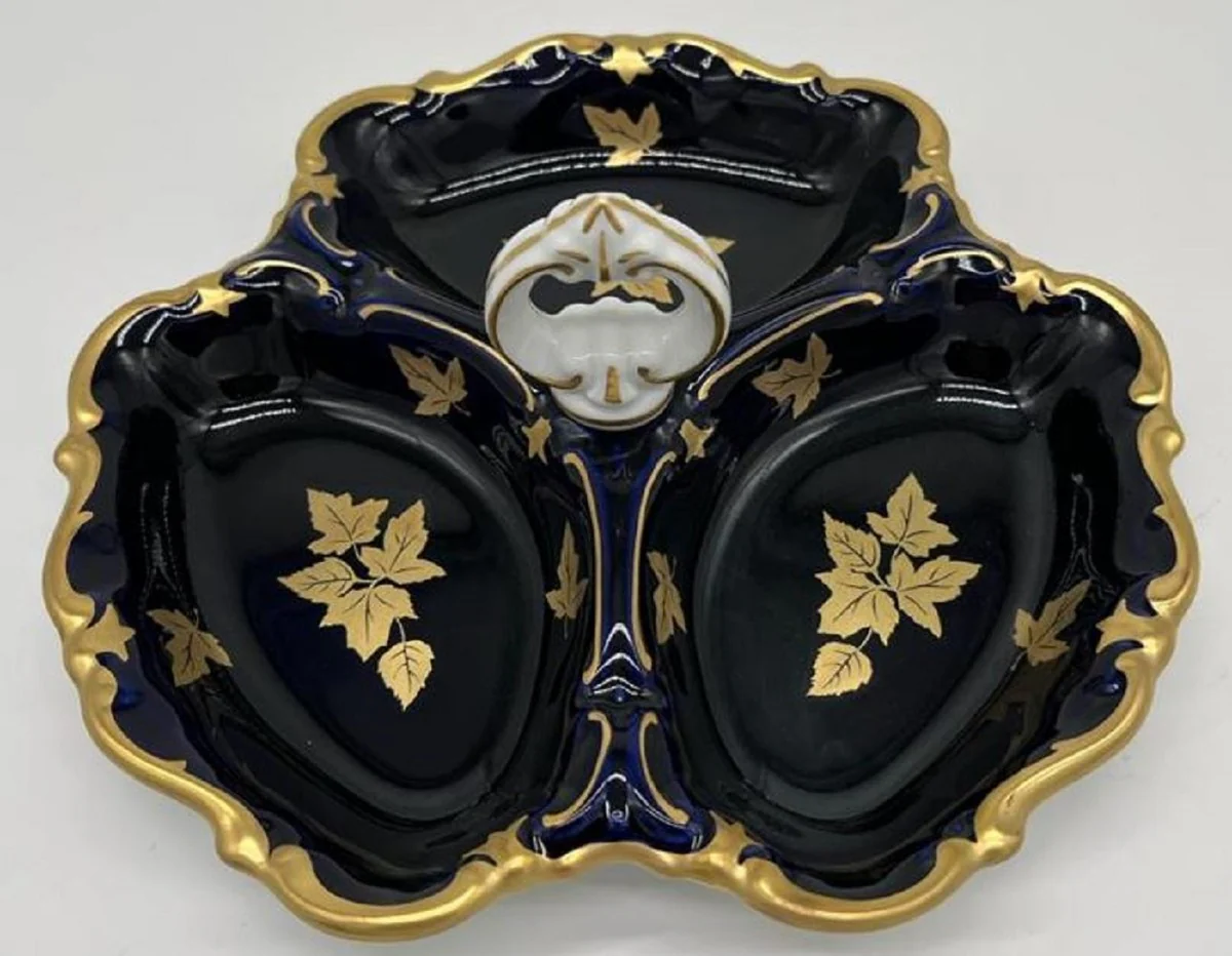Luxury Baroque Porcelain Serving Bowl with Carrying Handle Dark Blue / White / Gold Ø 25 cm - Pastry & Nut Bowl - Luxury Baroque Accessories - Reichenbach Porcelain - Made in Germany