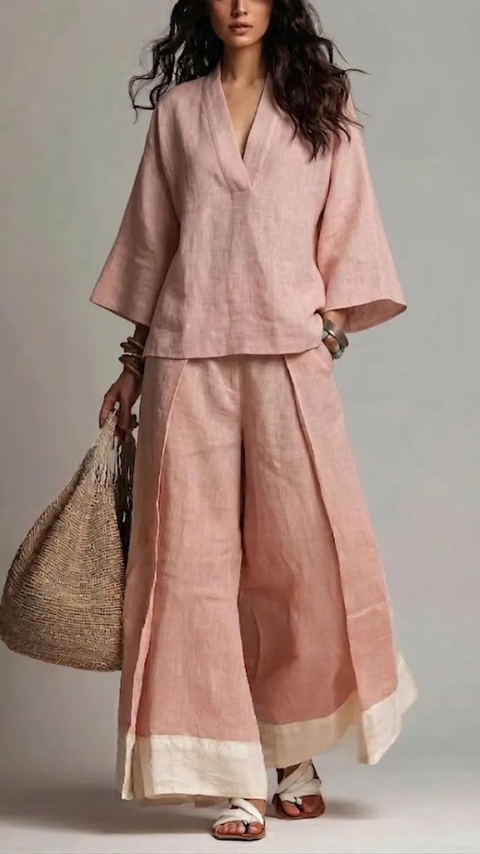 Women's Cotton-Linen French-Style V-Neck 3/4-Sleeve Shirt & Contrast Wide-Leg Pants Set - Nordfashionstorm - Women's Clothing, Fashion for You - Nordfashionstorm.com