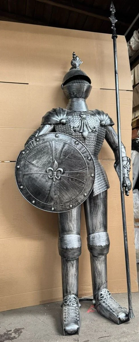 Decorative knight's armor with shield & lance antique silver H. 247 cm