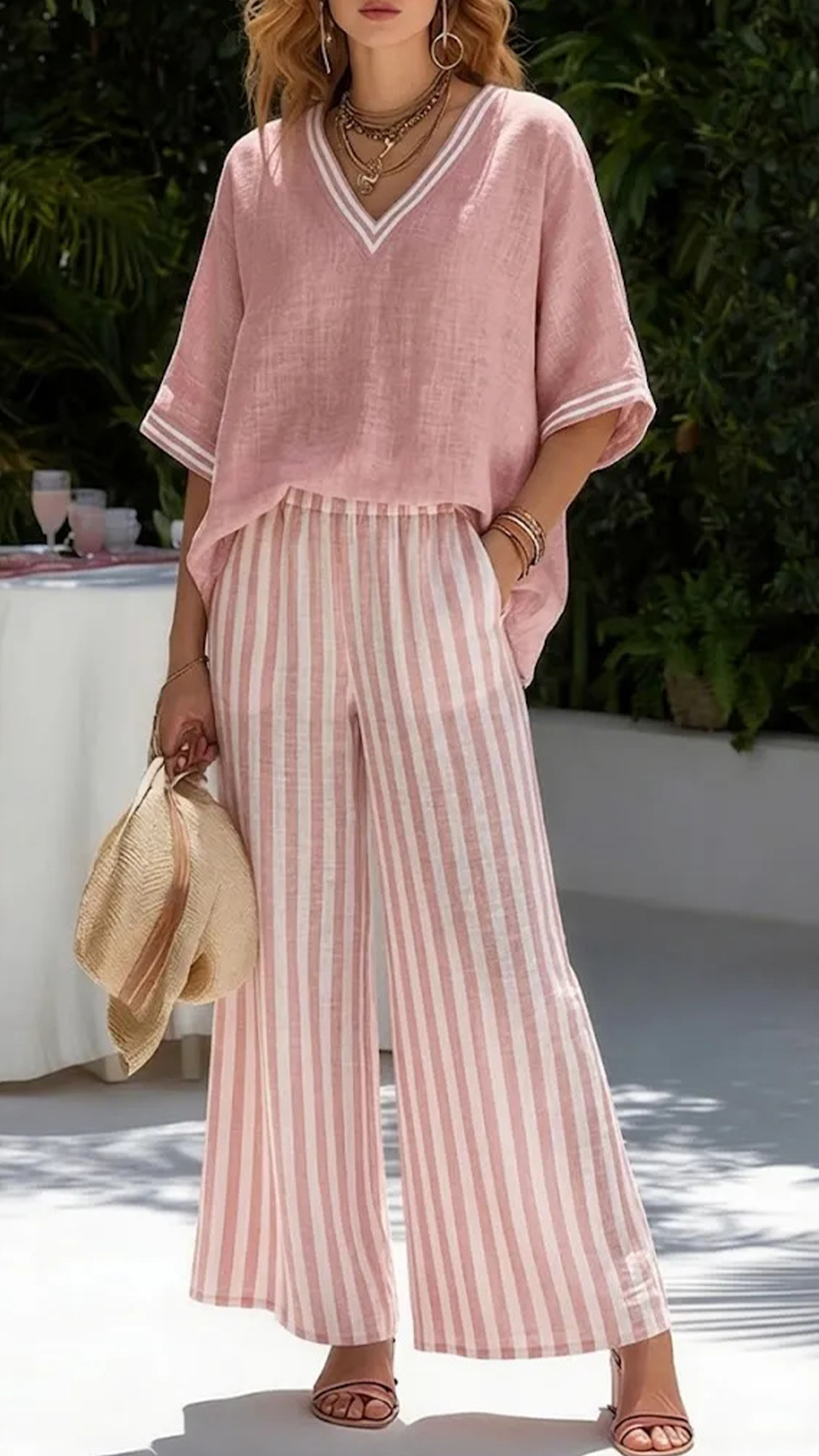 Solid-Color Top & Striped Wide-Leg Pants Set — Loose-Fit, Slimming, and Breathable - Nordfashionstorm - Women's Clothing, Fashion for You - Nordfashionstorm.com